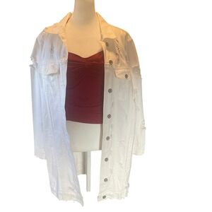 Women Streetwear Edgy White Distressed Longline‎ Jean Jacket Grunge Size M